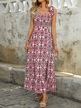 Smocked Slit Printed Tie Shoulder Dress - Trendsi - Flyclothing LLC