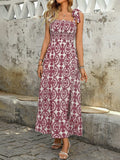 Smocked Slit Printed Tie Shoulder Dress - Trendsi - Flyclothing LLC