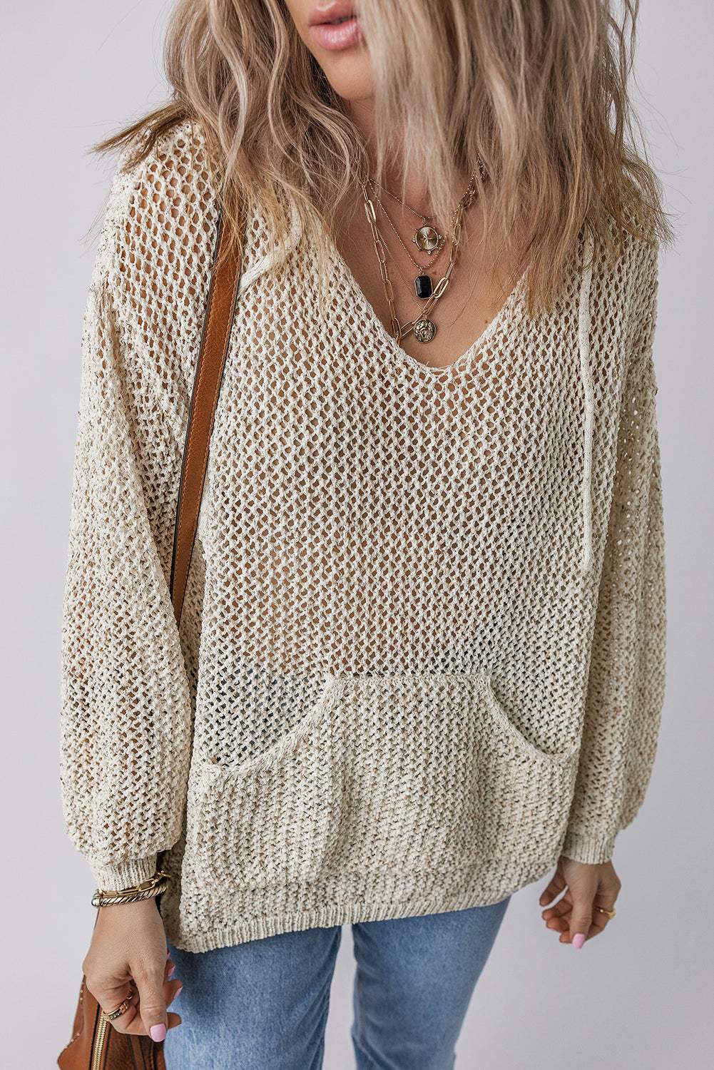 Openwork Dropped Shoulder Hooded Knit Top - Trendsi - Flyclothing LLC