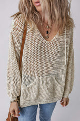 Openwork Dropped Shoulder Hooded Knit Top - Trendsi - Flyclothing LLC