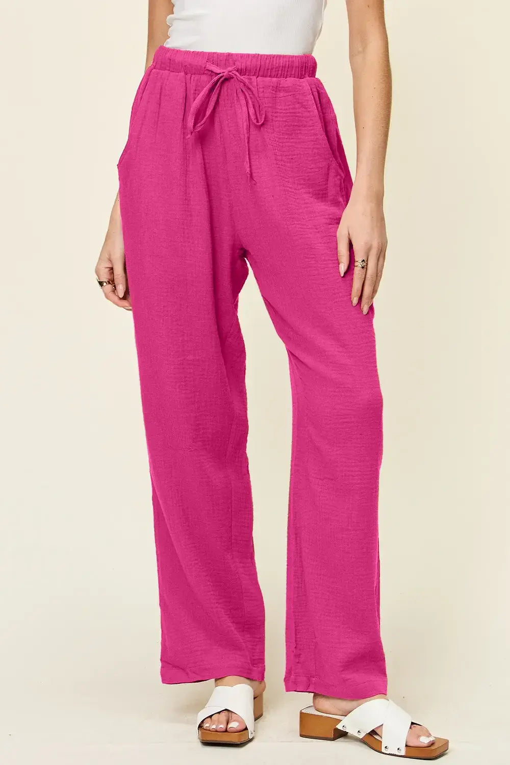 Double Take Full Size Texture Drawstring Straight Pants - Trendsi - Flyclothing LLC