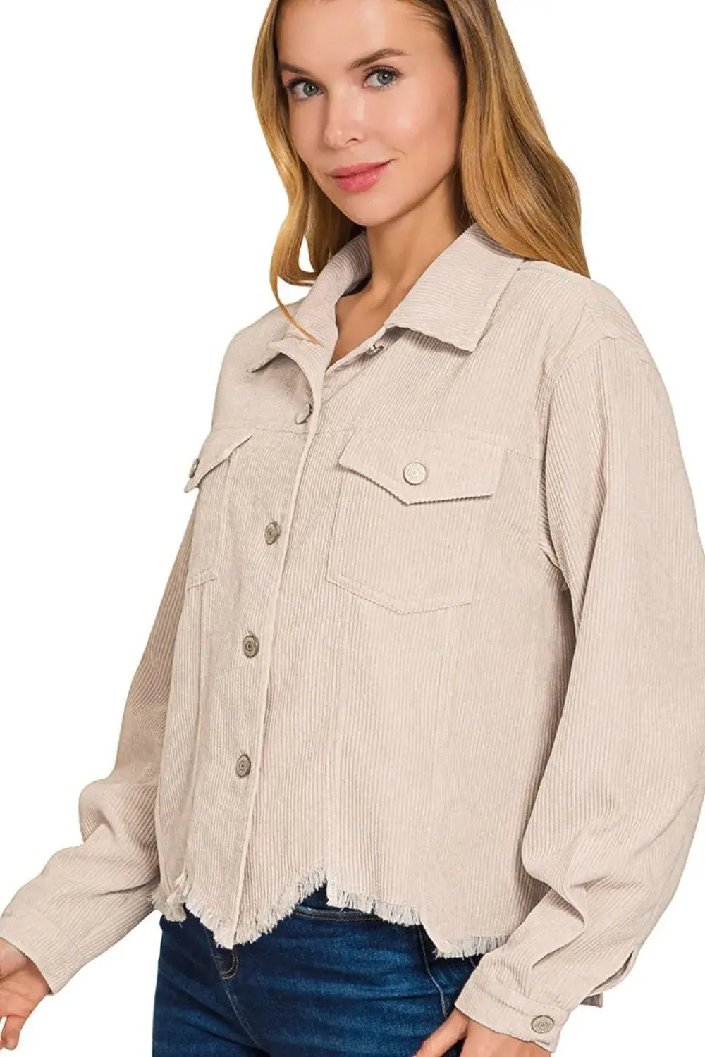 Zenana Distressed Corduroy Frayed Hem Cropped Jacket - Trendsi - Flyclothing LLC