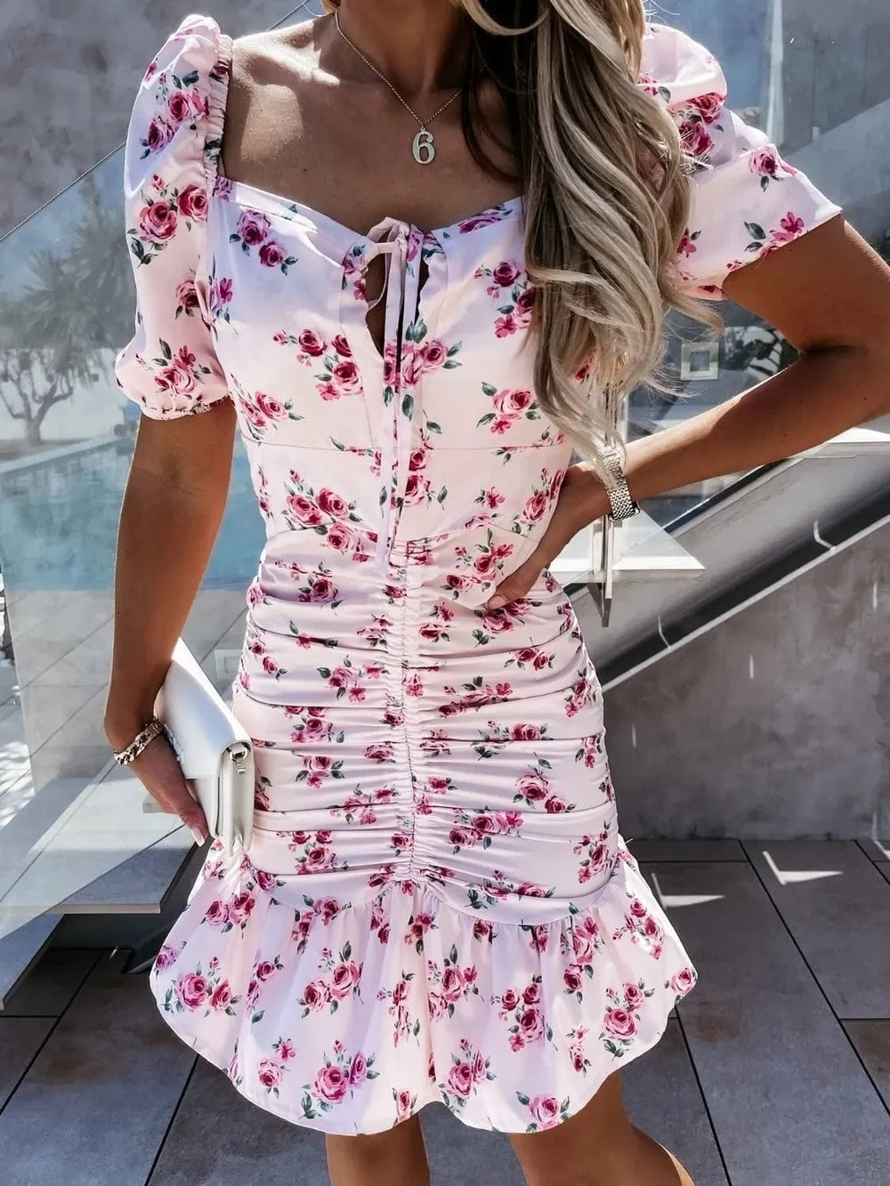 Ruched Floral Sweetheart Neck Mini Dress - Trendsi