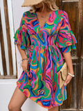 Ruffled Printed V-Neck Half Sleeve Mini Dress - Trendsi