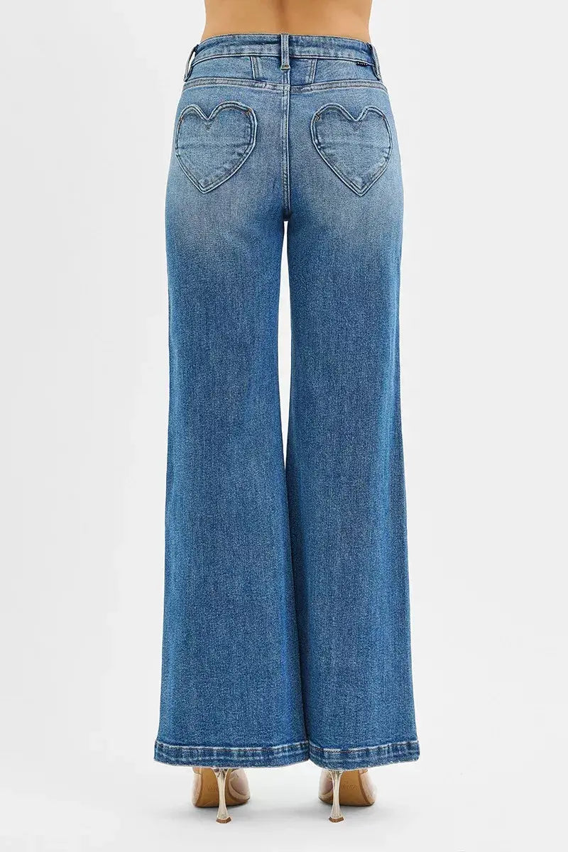 RISEN High Rise Wide Leg Jenas with Front Yoke and Heart Back Pocket - Trendsi - Flyclothing LLC