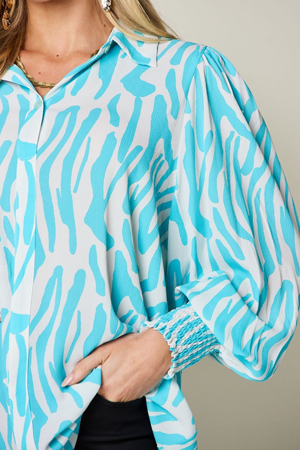 Double Take Full Size Printed Smocked Long Sleeve Blouse - Trendsi