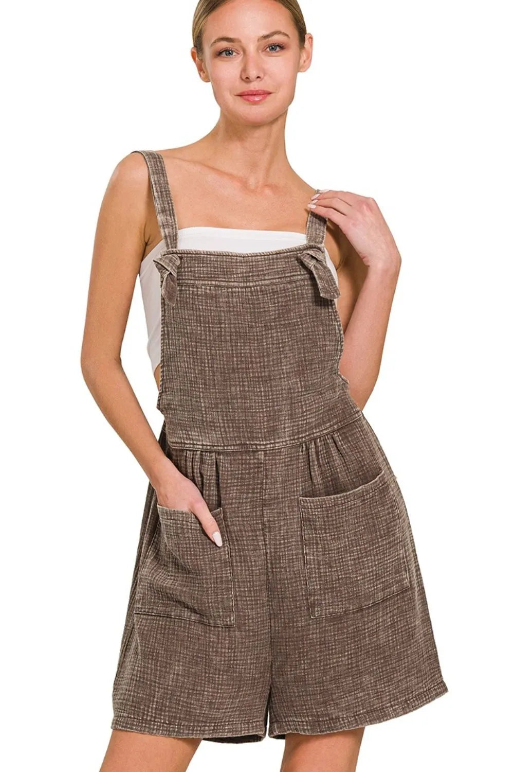 Zenana Woven Double Gauze Acid Washed Romper - Trendsi