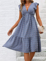 Swiss Dot V-Neck Cap Sleeve Dress - Trendsi - Flyclothing LLC