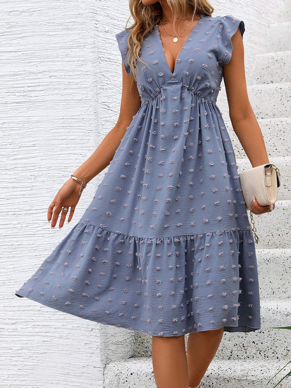 Swiss Dot V-Neck Cap Sleeve Dress - Trendsi - Flyclothing LLC