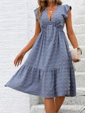 Swiss Dot V-Neck Cap Sleeve Dress - Trendsi