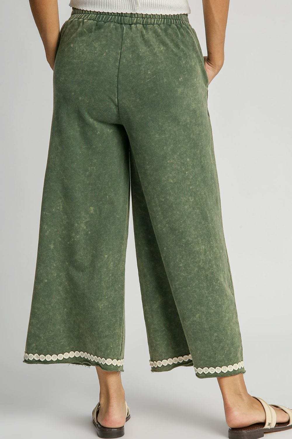 Umgee Full Size Peace Lace Applique Mineral Wash Wide Leg Pants Plus Size - Trendsi - Flyclothing LLC