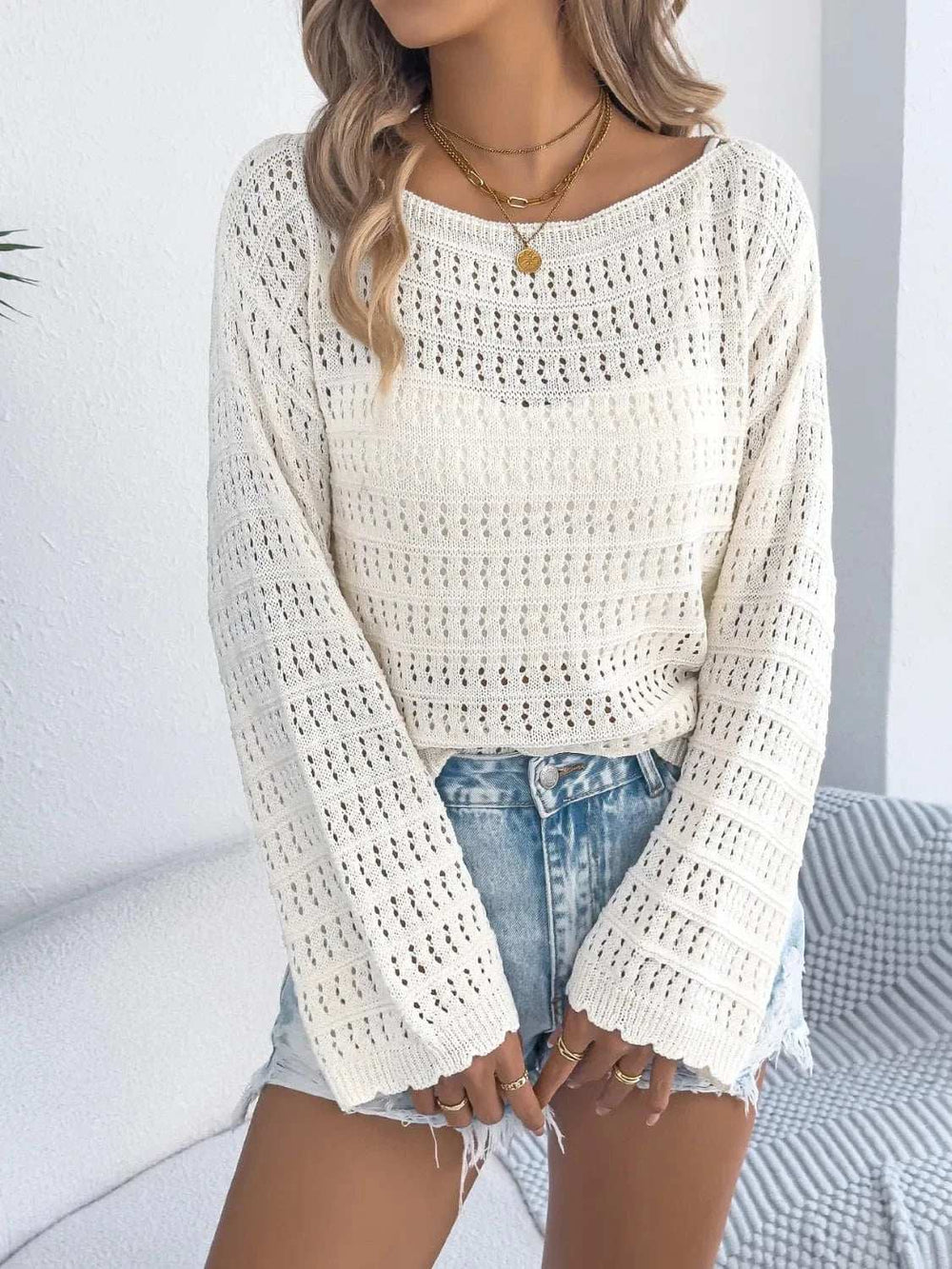 Openwork Boat Neck Long Sleeve Knit Cover Up - Trendsi - Flyclothing LLC