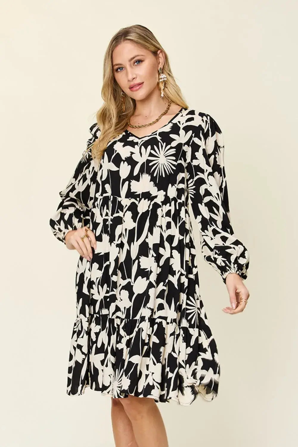 Double Take Full Size Printed Ruffle Hem Dress with Pocket - Trendsi - Flyclothing LLC
