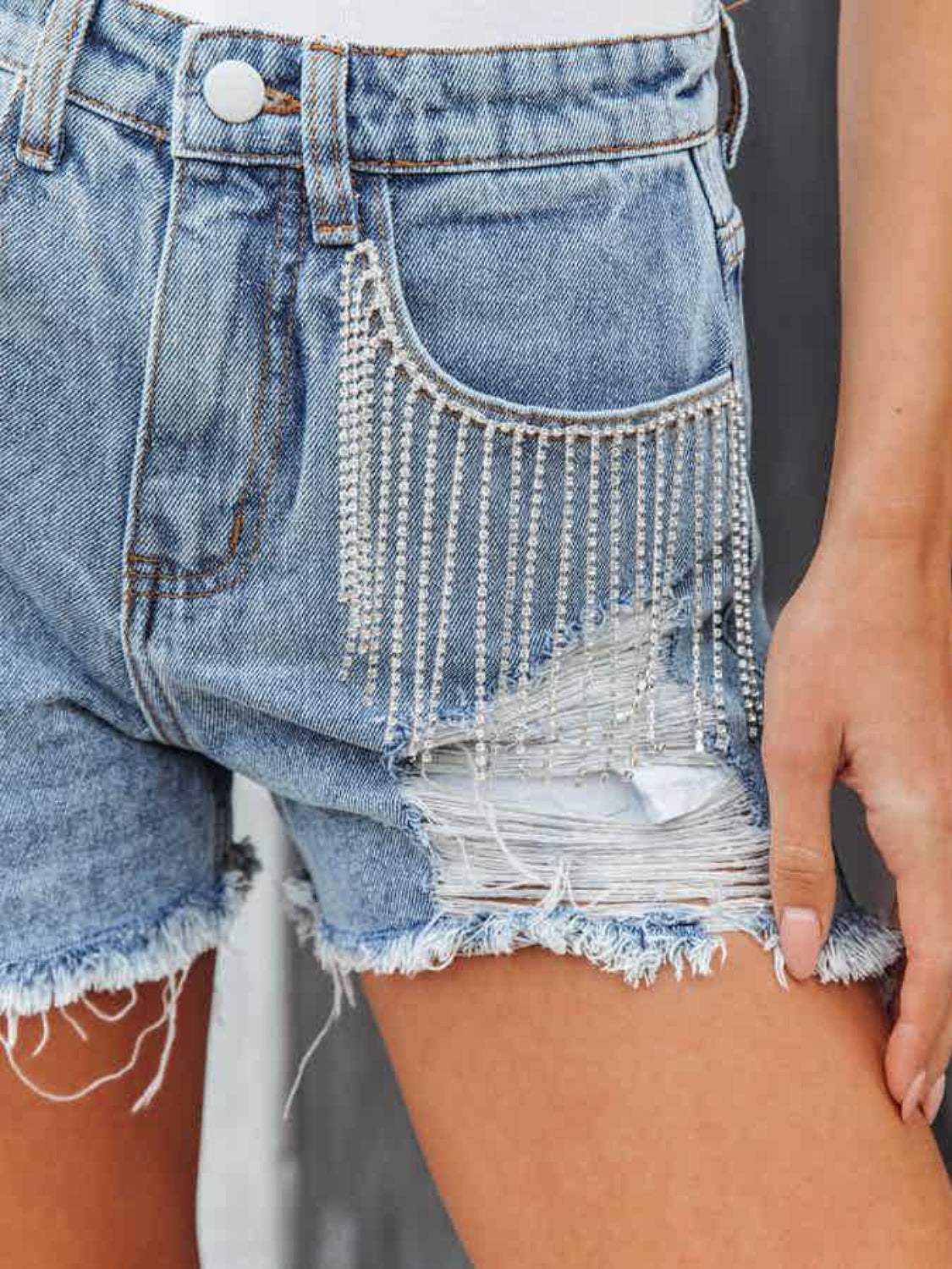 Distressed Fringe Denim Shorts with Pockets - Trendsi - Flyclothing LLC