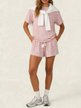 Striped Short Sleeve Tee and Drawstring Shorts Set - Trendsi - Flyclothing LLC