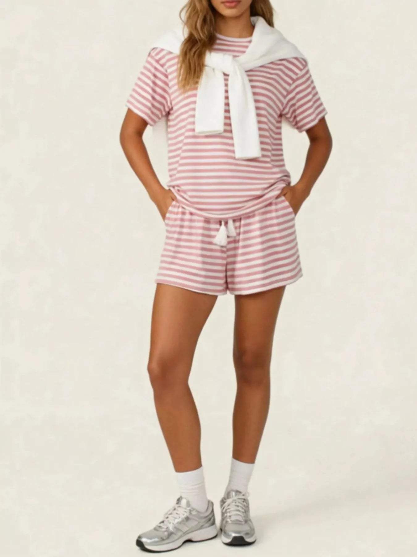 Striped Short Sleeve Tee and Drawstring Shorts Set - Trendsi - Flyclothing LLC
