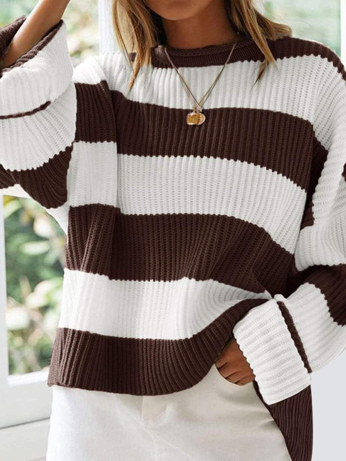 Round Neck Long Sleeve Sweater - Trendsi - Flyclothing LLC