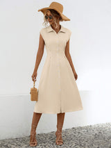 Button Up Cap Sleeve Midi Dress - Trendsi - Flyclothing LLC