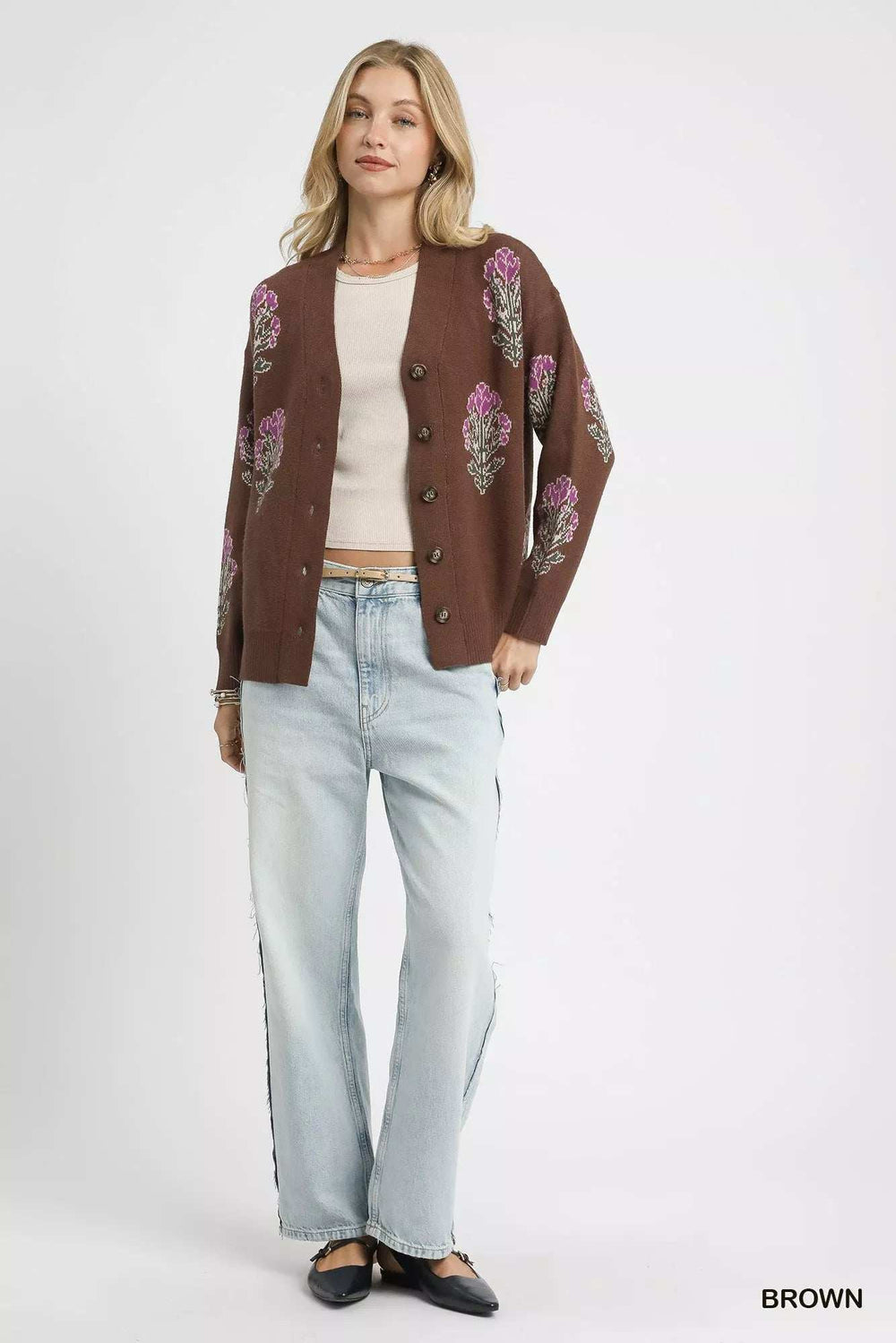 Umgee Single Flower Stem Jacquard Cardigan Sweater - Trendsi - Flyclothing LLC