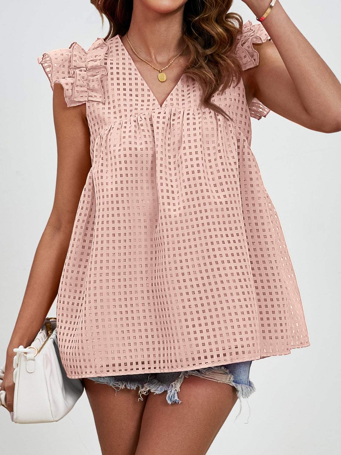 Ruched V-Neck Cap Sleeve Blouse - Trendsi - Flyclothing LLC