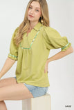 Umgee Scalloped Trim Blouse with Puff Sleeves - Trendsi - Flyclothing LLC