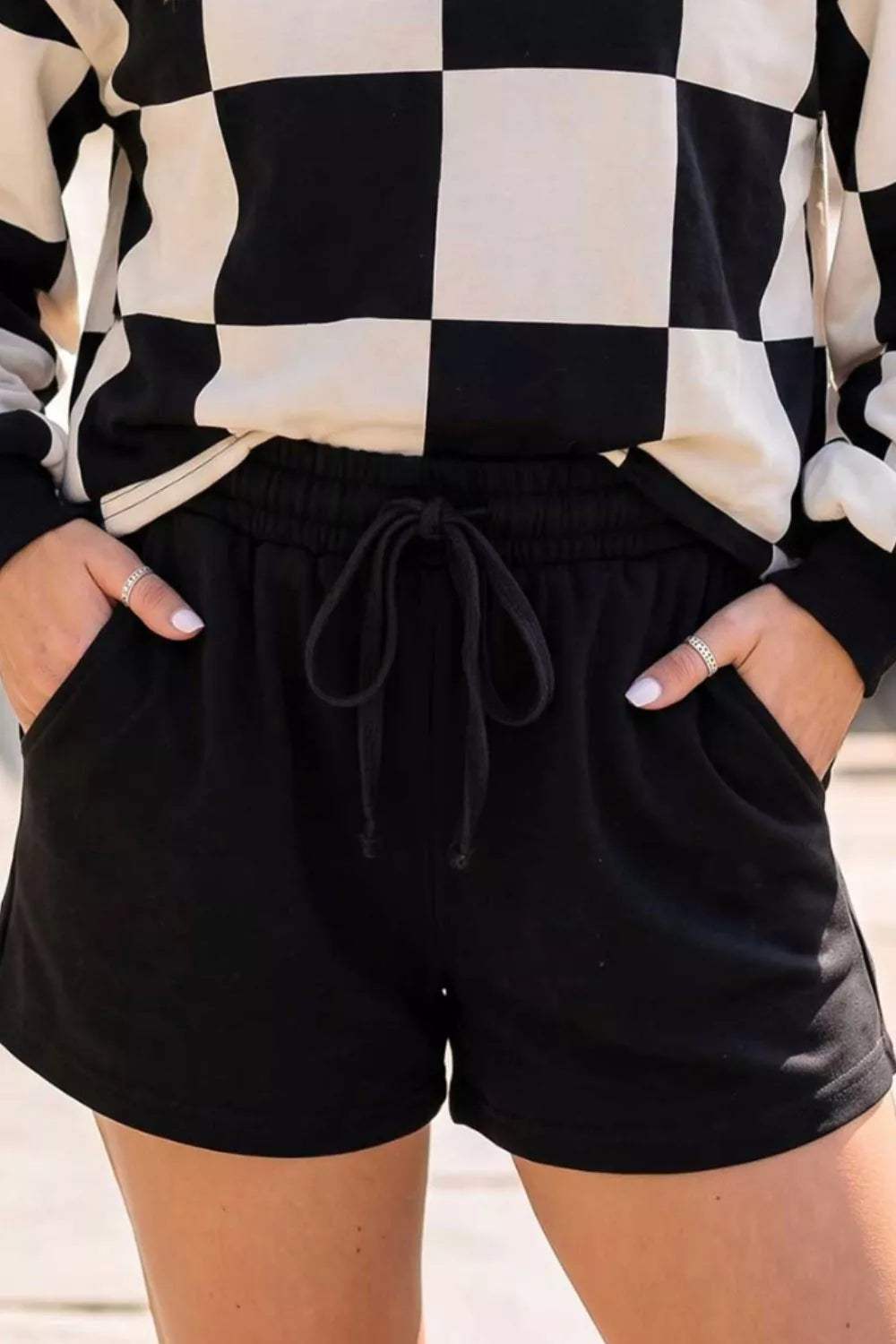 Checkerboard Print Sweatshirt and Shorts Set - Trendsi - Flyclothing LLC