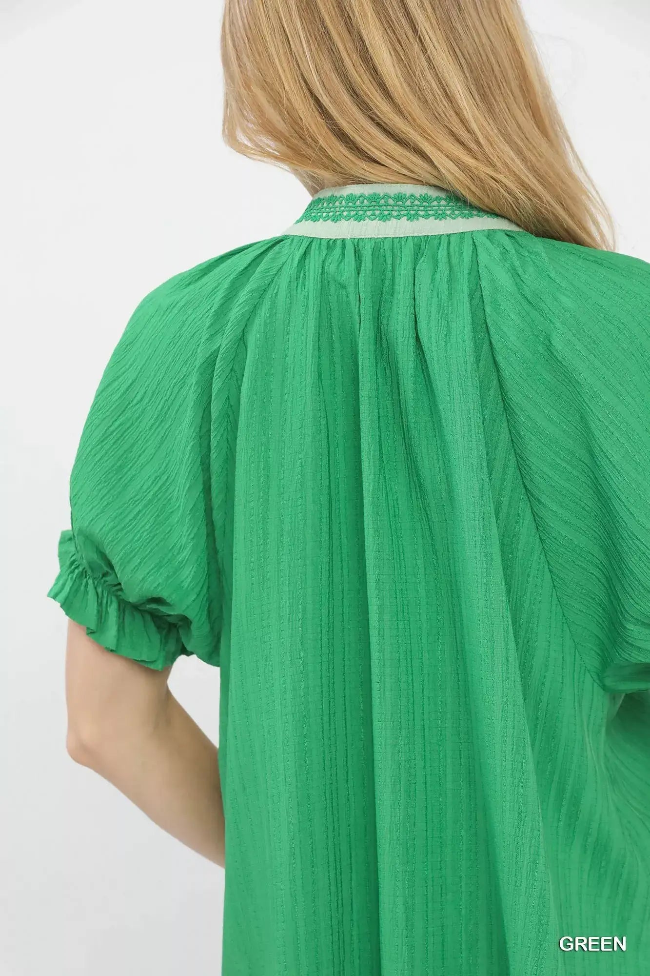 Umgee Textured V-Neck Top with Lace Trim Details - Trendsi - Flyclothing LLC