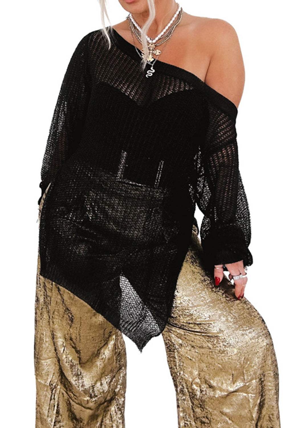 Side Slit Long Sleeve Knit Cover Up - Trendsi - Flyclothing LLC