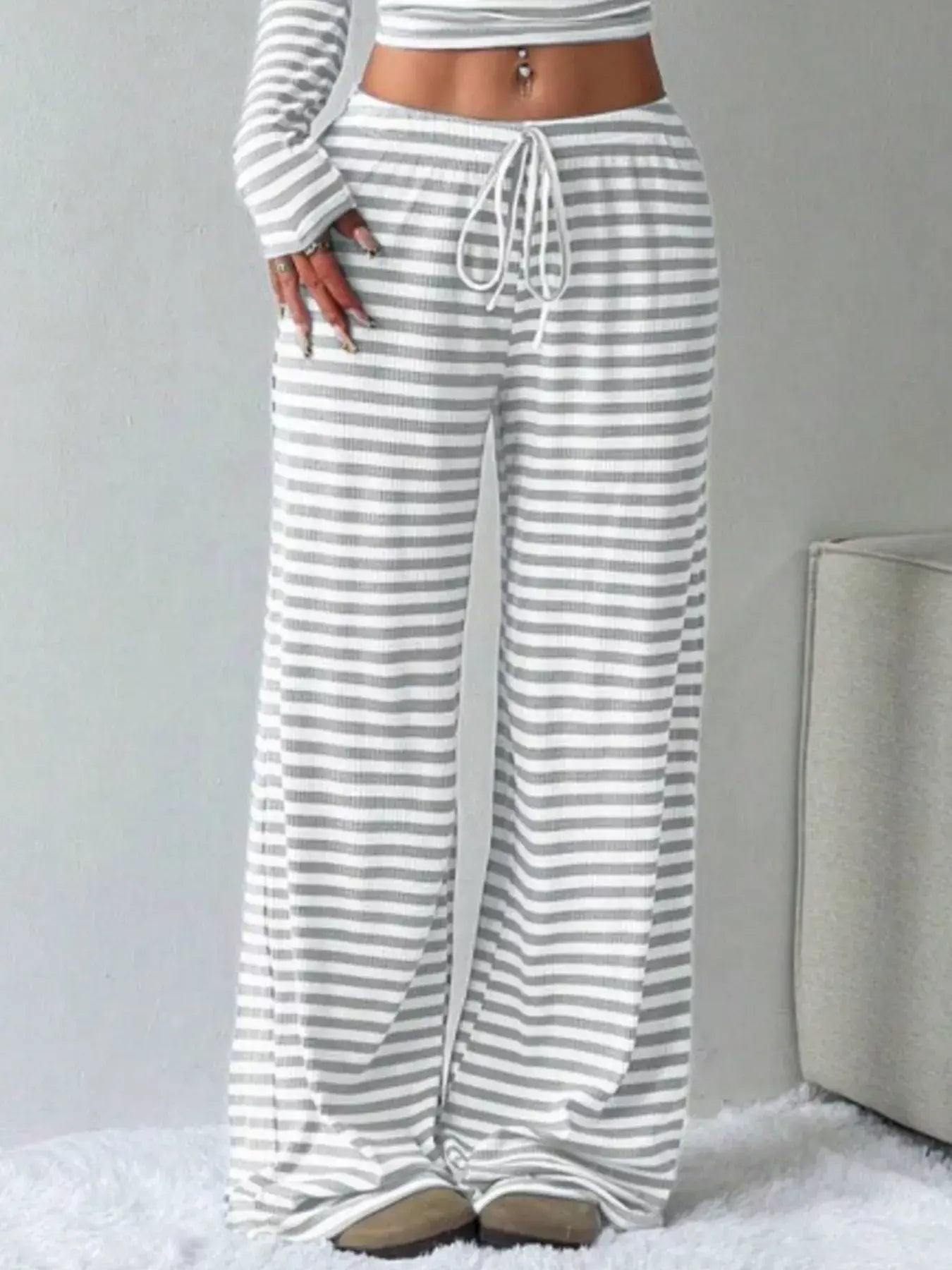 Striped Long Sleeve Crop Top and Wide Leg Pants Set - Trendsi - Flyclothing LLC