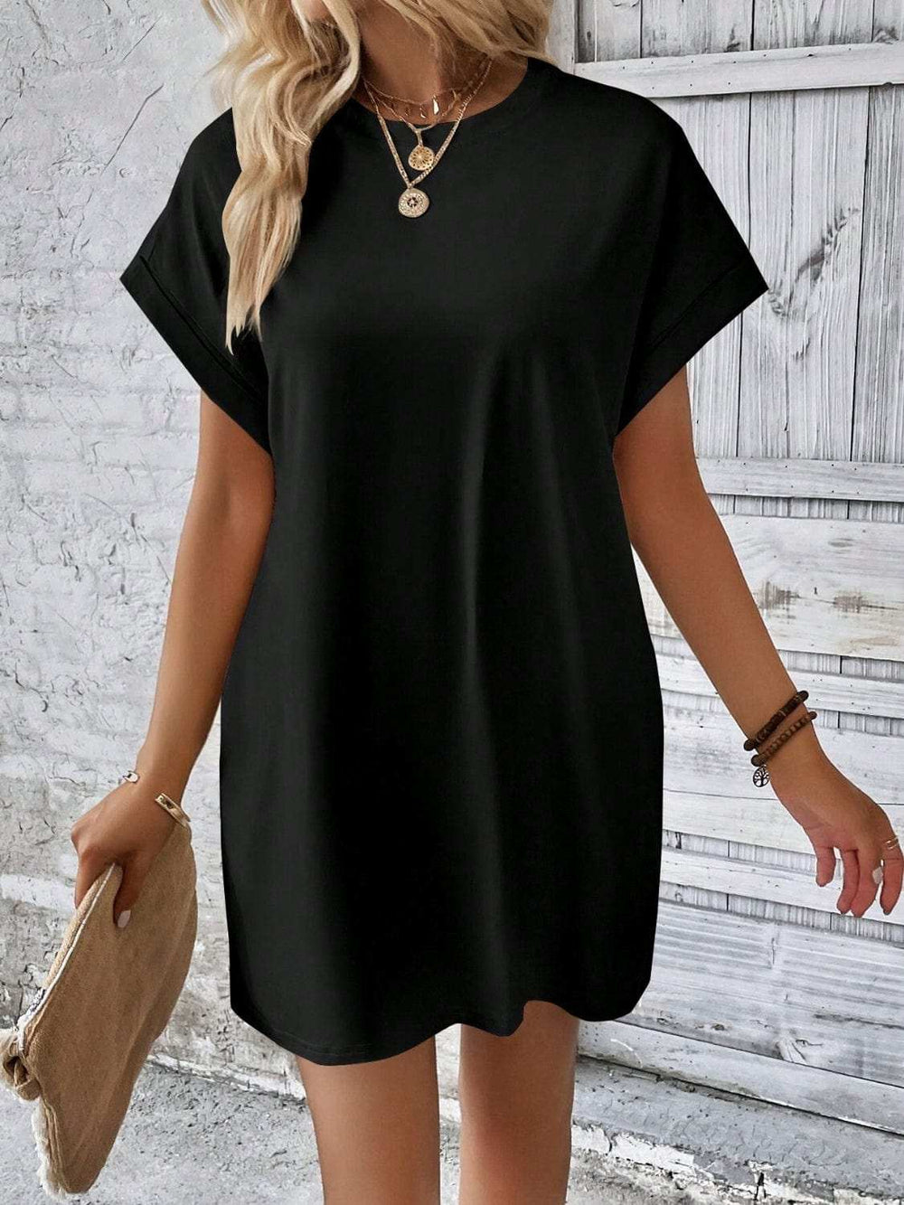 Round Neck Short Sleeve Mini Dress - Trendsi - Flyclothing LLC