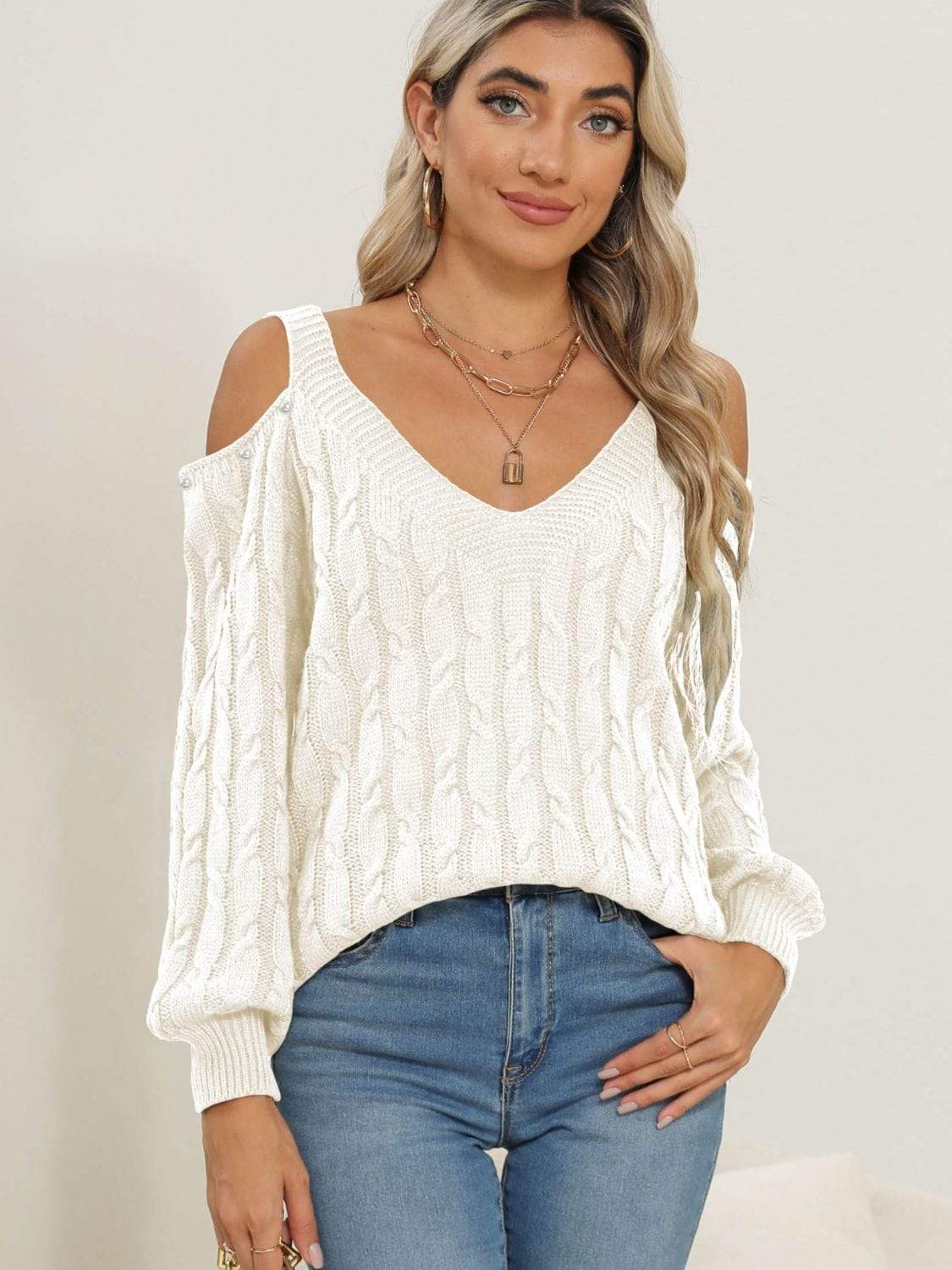 Cable-Knit Cold Shoulder Sweater - Trendsi - Flyclothing LLC