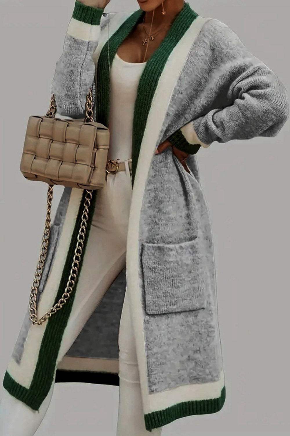 Pocketed Contrast Long Sleeve Hooded Cardigan - Trendsi - Flyclothing LLC