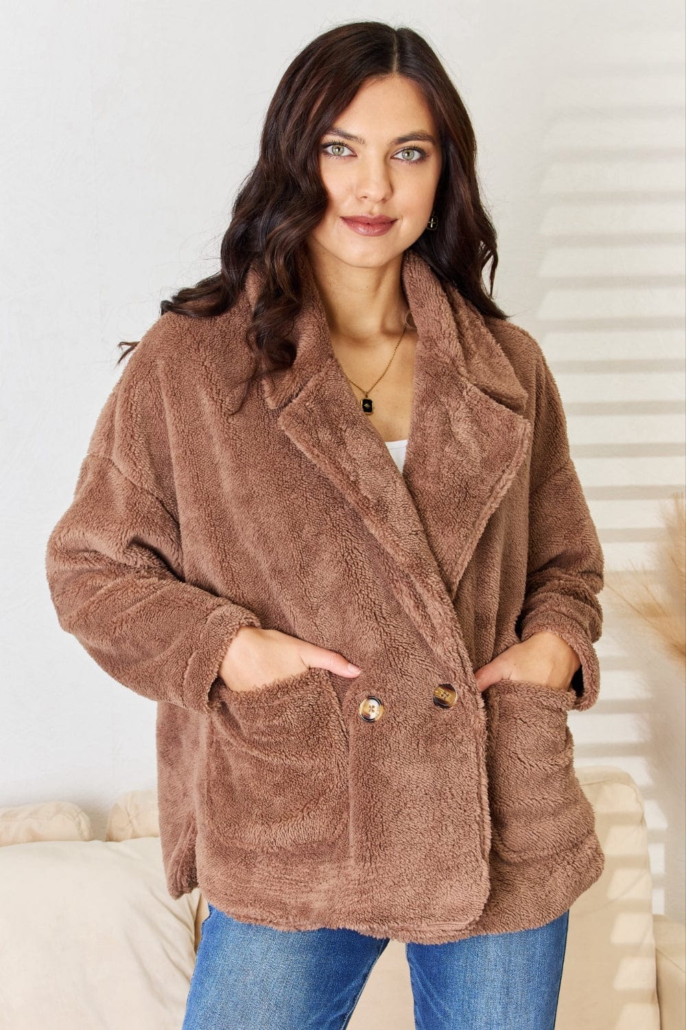 Culture Code Double Breasted Fuzzy Coat - Trendsi