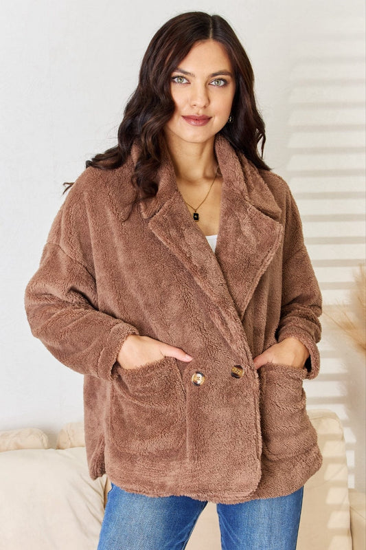 Culture Code Double Breasted Fuzzy Coat - Trendsi