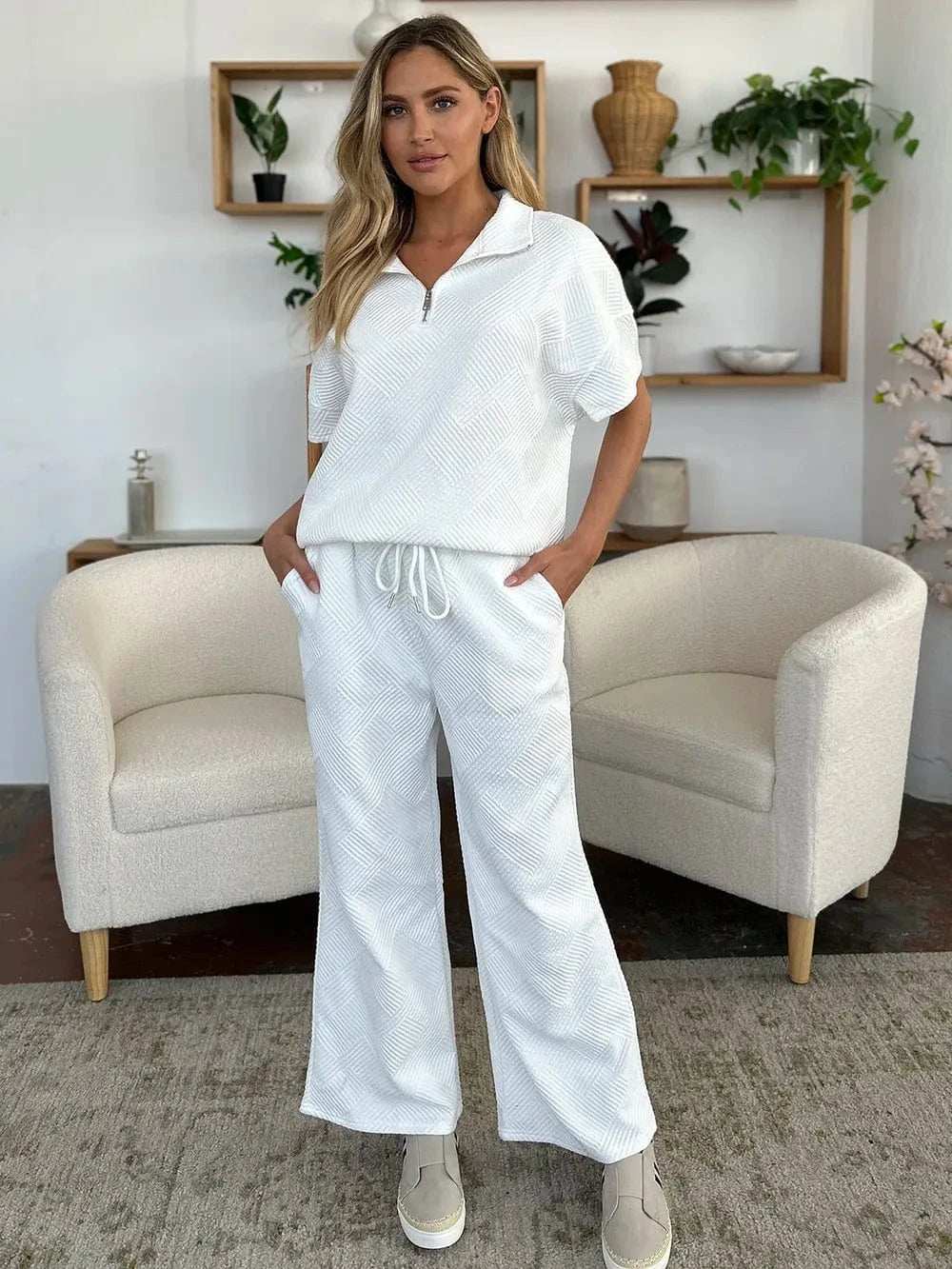 Double Take Full Size Texture Half Zip Short Sleeve Top and Pants Set - Trendsi - Flyclothing LLC