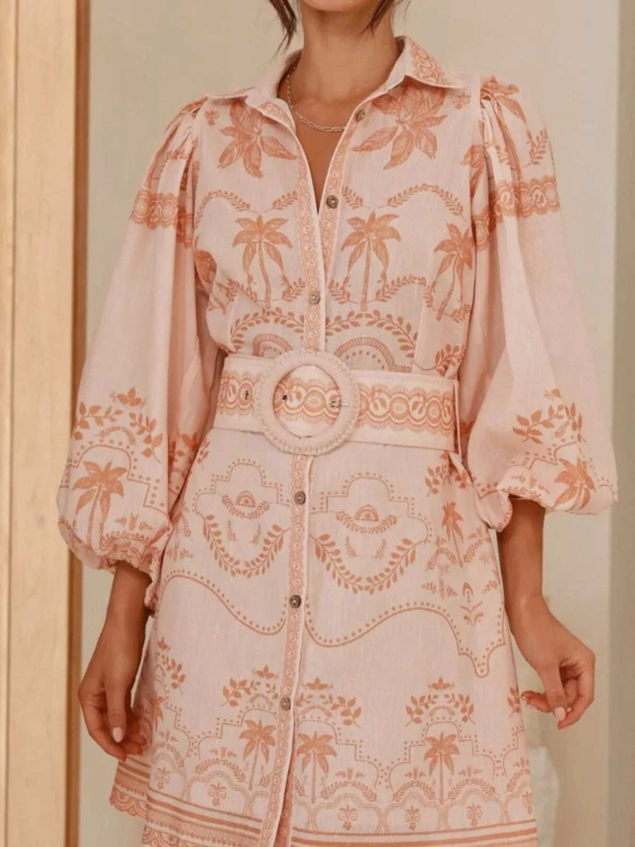 Printed Button Down Shirt Dress with Belt - Trendsi - Flyclothing LLC