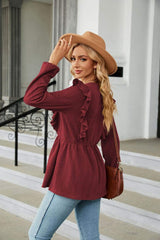 Round Neck Ruffled Peplum Blouse - Trendsi - Flyclothing LLC