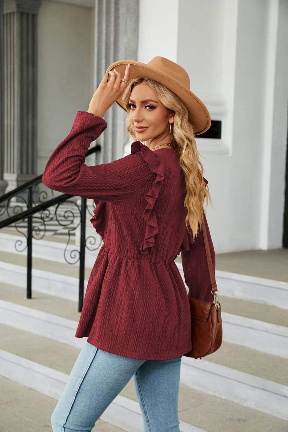 Round Neck Ruffled Peplum Blouse - Trendsi - Flyclothing LLC