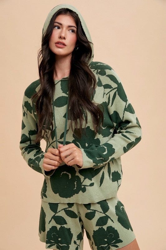 Annie Wear Flower Pattern Drawstring Hooded Top and Shorts Sweater Set - Trendsi