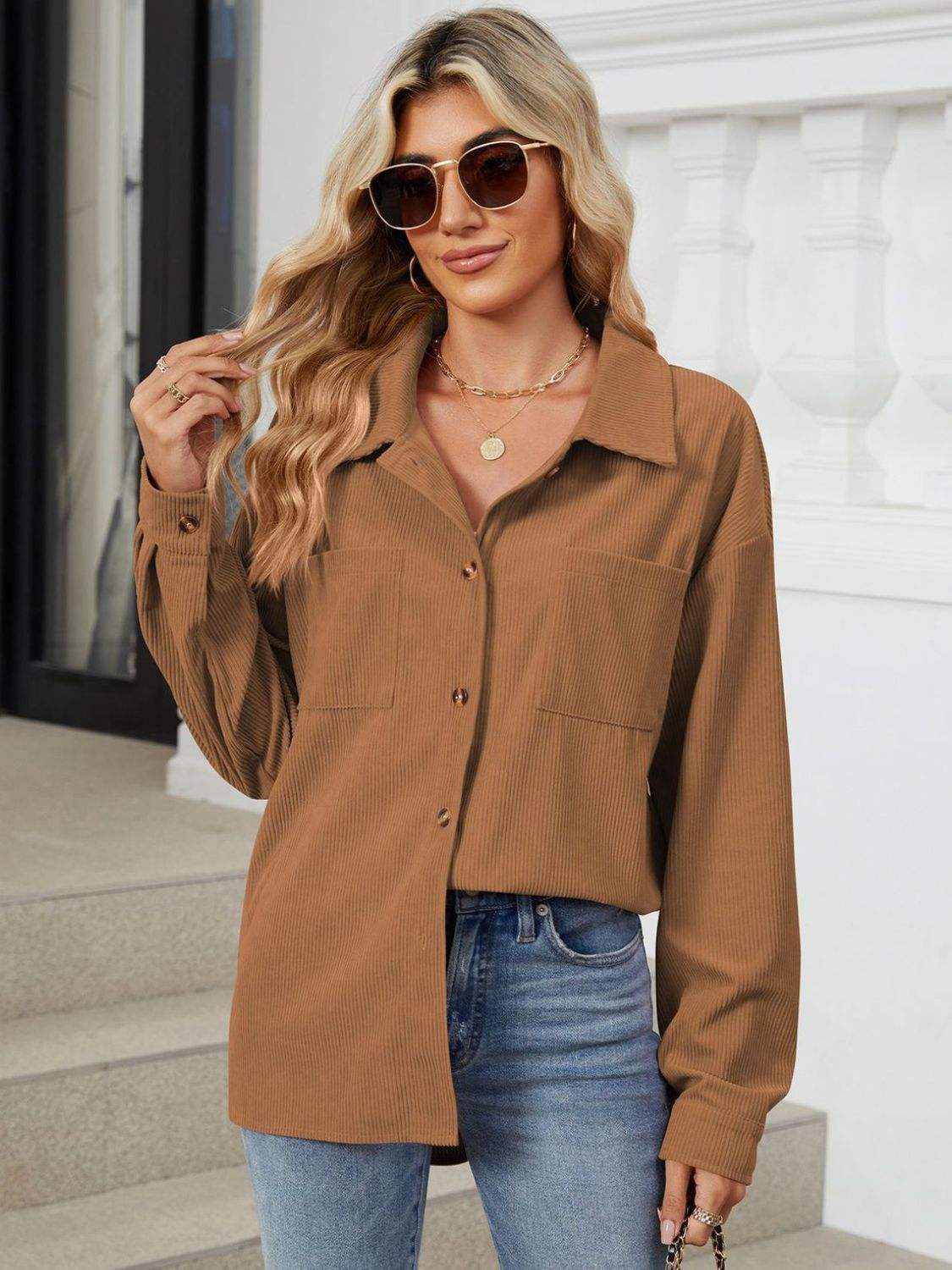 Button Up Dropped Shoulder Long Sleeve Outerwear - Trendsi - Flyclothing LLC