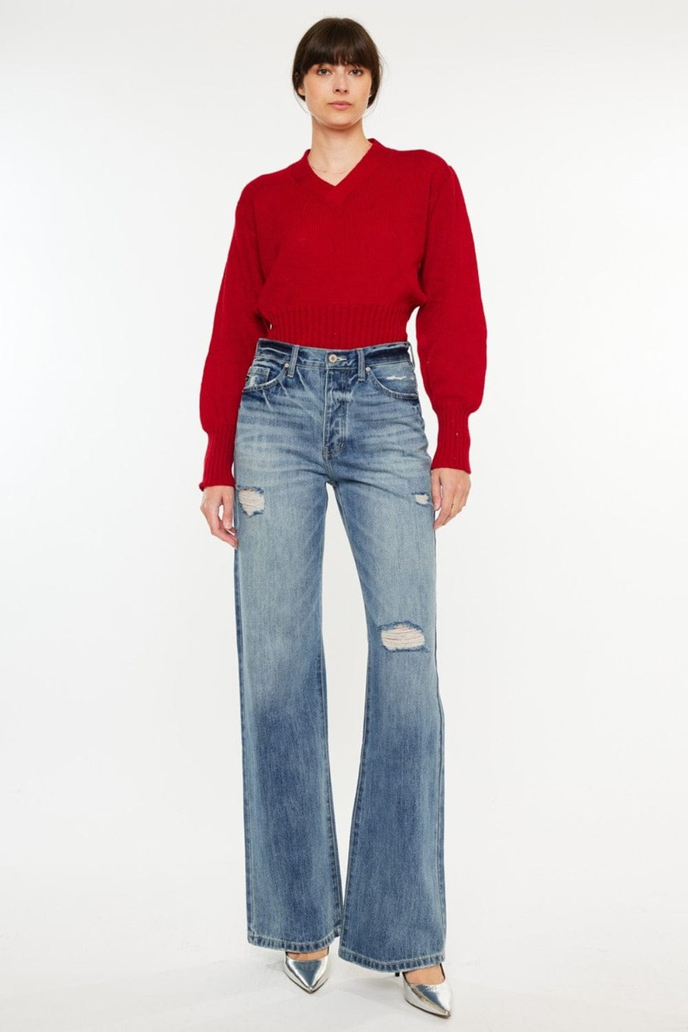Kancan Distressed High Waist Bootcut Jeans - Trendsi