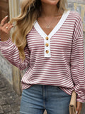 Striped V-Neck Button Front Casual Top - Trendsi - Flyclothing LLC