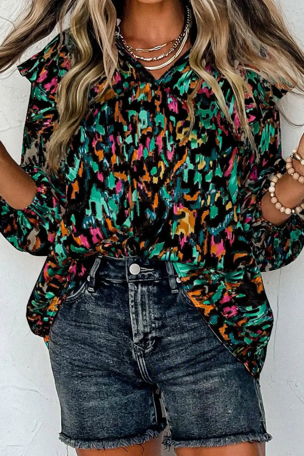 Abstract Print 3/4 Sleeve Ruffle Blouse - Trendsi - Flyclothing LLC