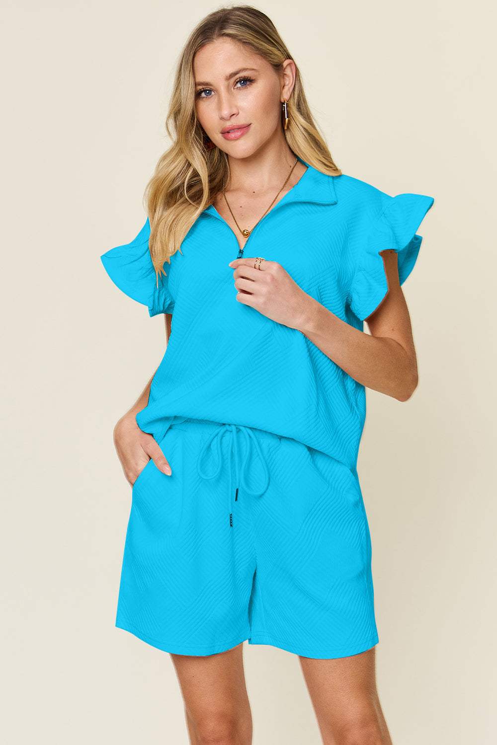 Double Take Full Size Texture Flounce Sleeve Top and Drawstring Shorts Set - Trendsi - Flyclothing LLC