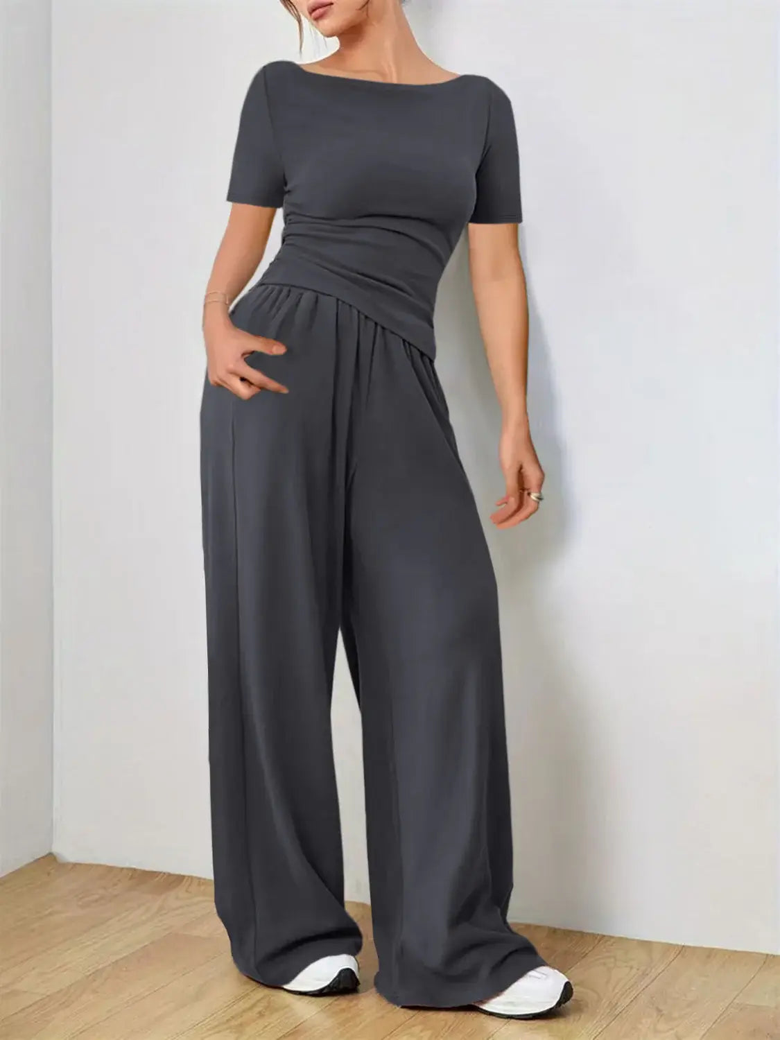 Round Neck Short Sleeve T-Shirt and Pants Set - Trendsi - Flyclothing LLC
