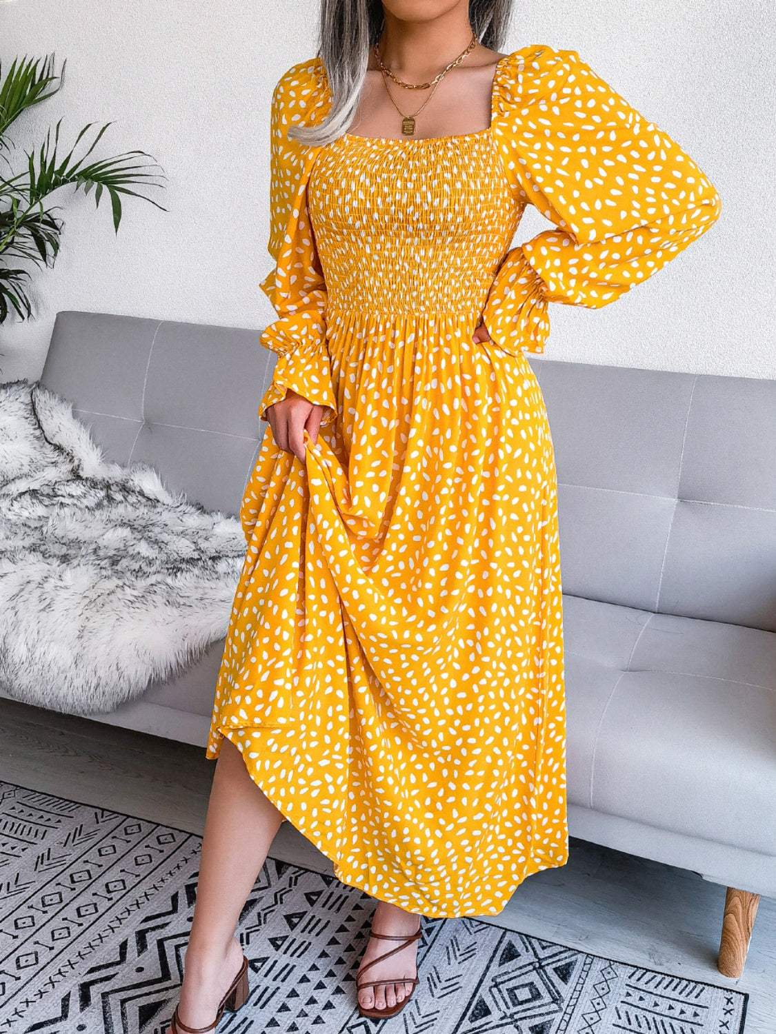Smocked Square Neck Flounce Sleeve Dress - Trendsi - Flyclothing LLC