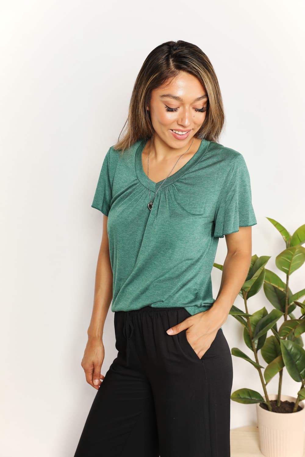 Double Take Ruched V-Neck Short Sleeve T-Shirt - Trendsi - Flyclothing LLC