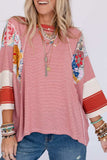 Striped Floral Patchwork Round Neck Top - Trendsi - Flyclothing LLC
