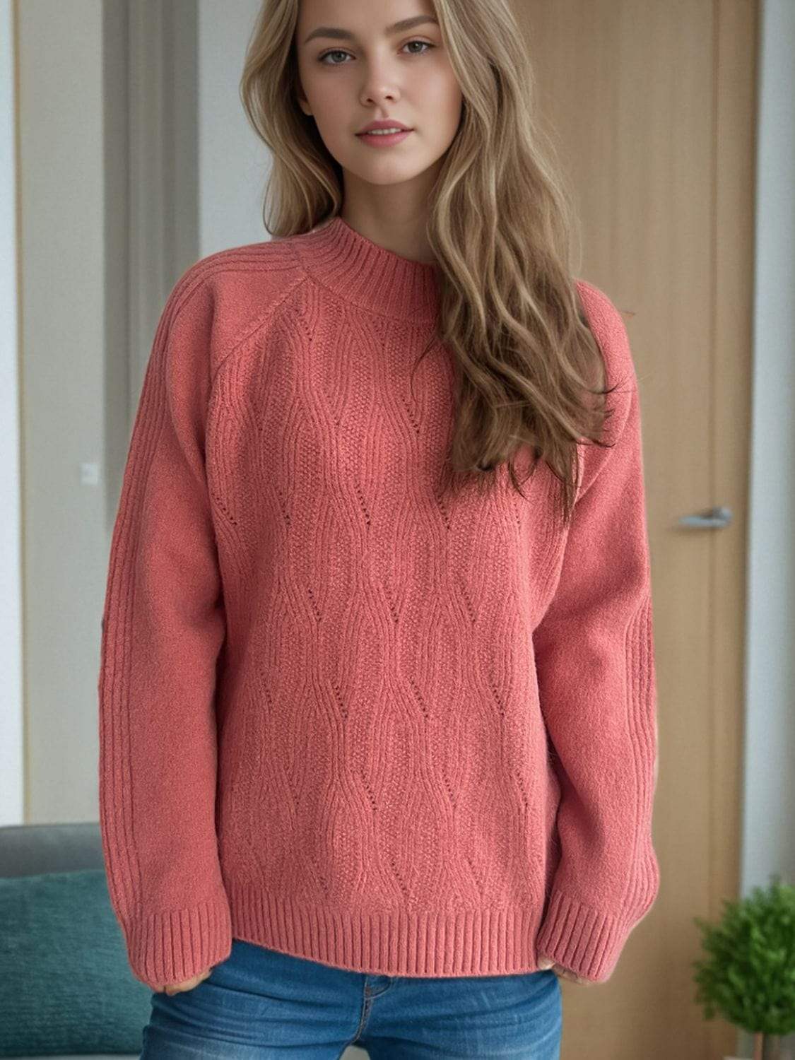 Mock Neck Long Sleeve Sweater - Trendsi - Flyclothing LLC