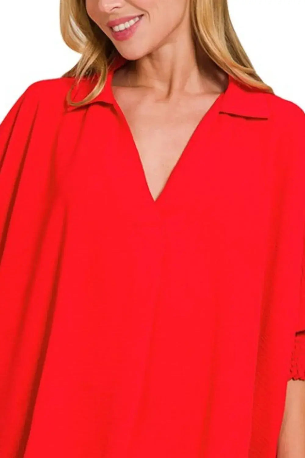 Zenana Airflow Collar Tee with Smocked Sleeve Band Top - Trendsi - Flyclothing LLC